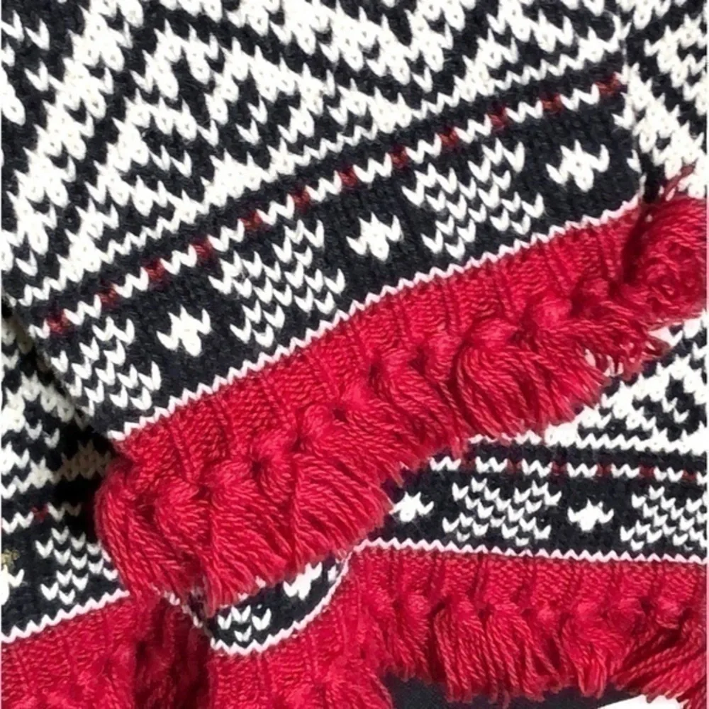 Talbots Black and White Nordic Fair Isle Snowflake Sweater with Red Fringe Small - Picture 8 of 9